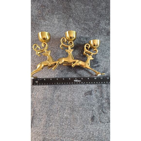 Brass Jumping Reindeer Triple Tealight/Votive Candle Holder Christmas Holiday - Picture 13 of 15